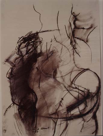 'Metafoor voor mensdier hier getekend als paard en mens / techniek: aardekrijt op papier. Typical for the artwork of Michiel Czn. Dhont at that period when he experienced with the synergy of figurative and abstract art expression. Thes experiments led to the serie 'man in transformation' that appeared in the 80-th's.